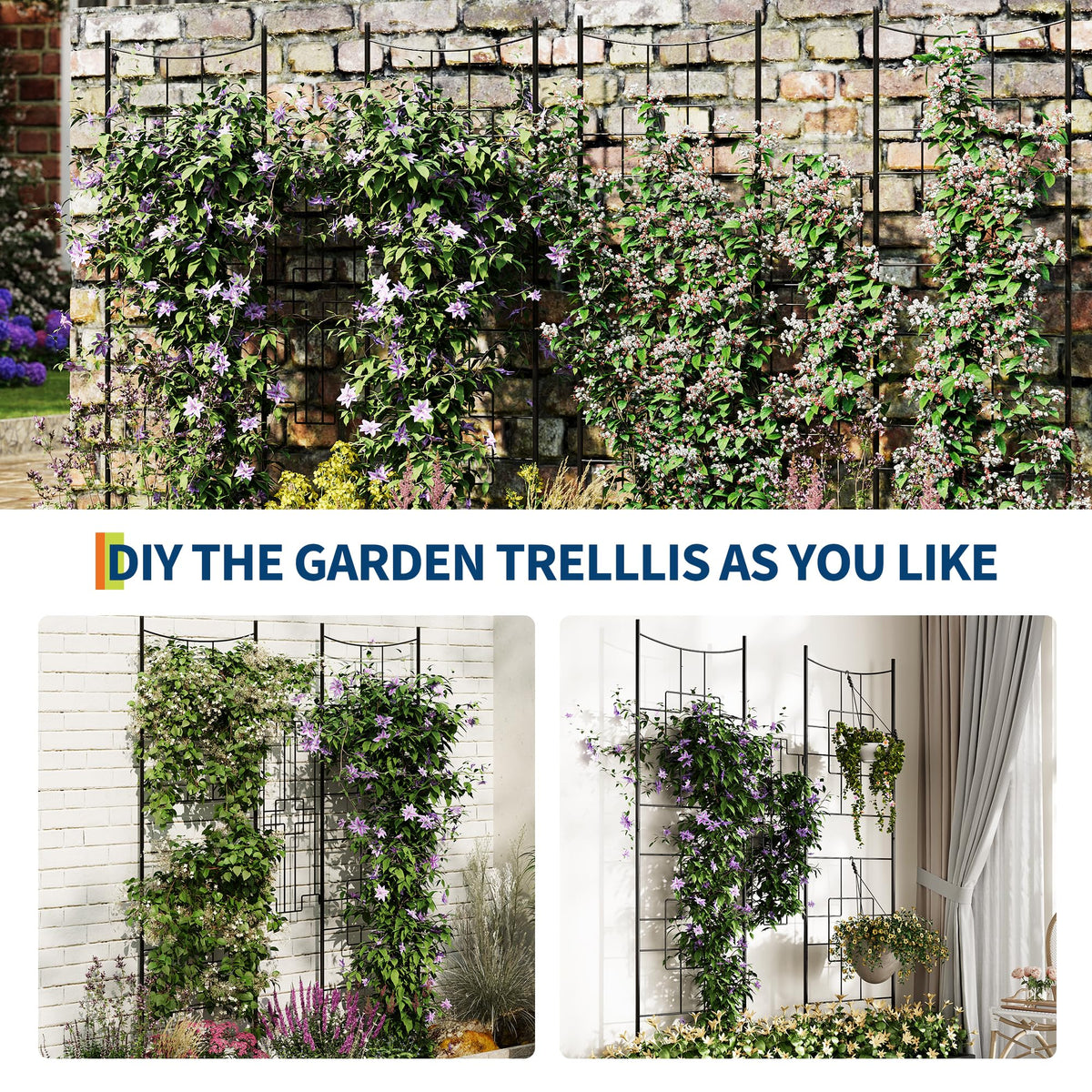Treillis de jardin en métal Garvee 130 x 168 cm, noir, antirouille, style baroque, 2 pièces, support pour rosiers et légumes au jardin