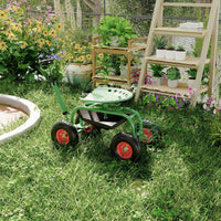 Chariot de jardin Garvee avec siège et roues pour potager surélevé, siège pivotant à 360°, matériau robuste, poignée de direction, plateau à outils