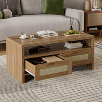 Garvee table basse bohème à 2 niveaux avec rangement, rotin et MDF, 2 tiroirs, style mid-century, chêne, salon et chambre