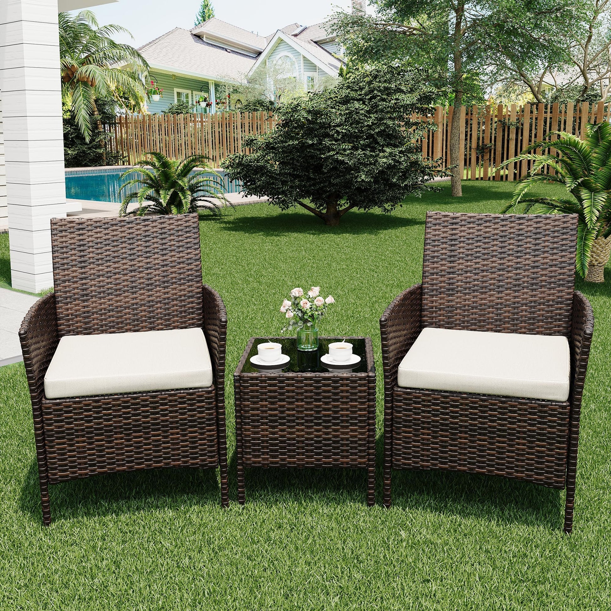 Ensemble de mobilier de jardin Garvee, 3 pièces, rotin PE, chaises ergonomiques, table en verre, résistant aux intempéries, marron-beige, balcon, jardin