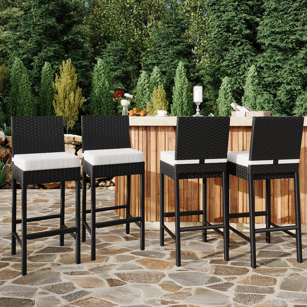 Ensemble de 2 tabourets de bar d'extérieur Garvee en résine tressée - Ergonomiques et résistants aux intempéries - Structure en rotin PE et acier - Hauteur d'assise : 71 cm - Pour jardin et terrasse - Noir