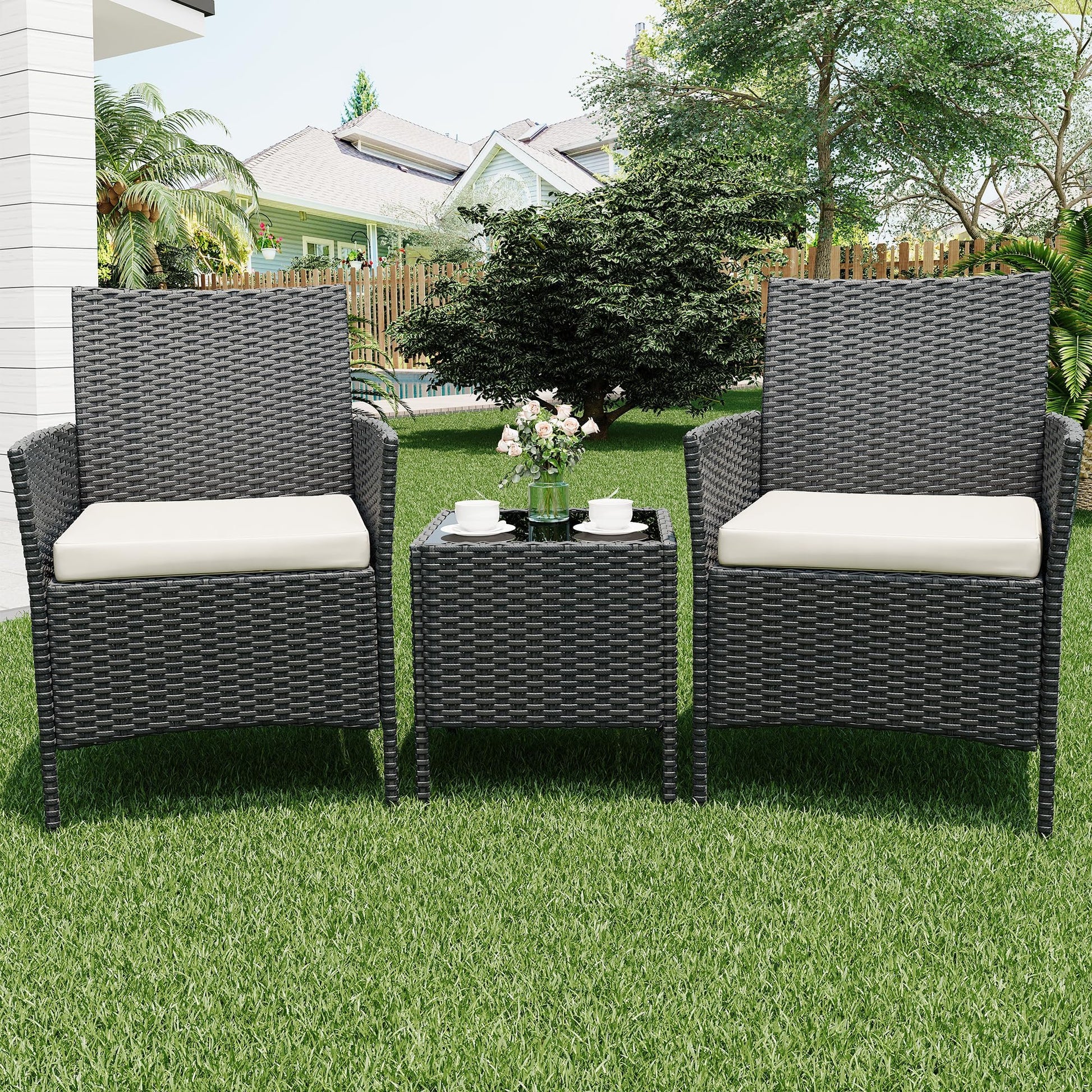 Garvee Ensemble de mobilier de jardin, 3 pièces, rotin PE, balcon/jardin, noir/beige, tous temps, ergonomique
