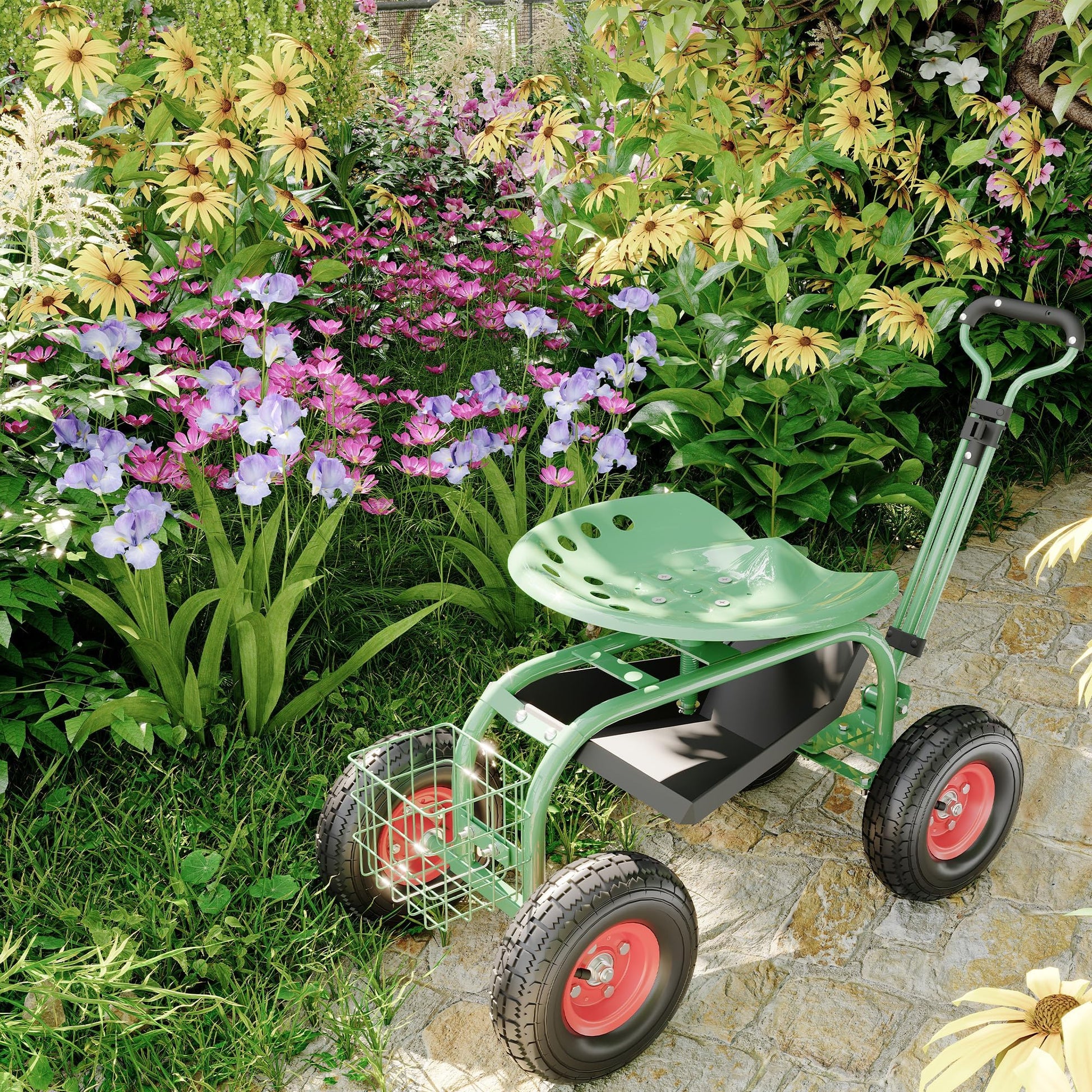 Chariot de jardin Garvee avec siège et roues pour potager surélevé, siège pivotant à 360°, matériau robuste, poignée de direction, plateau à outils
