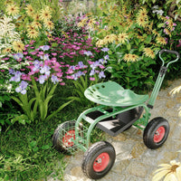 Chariot de jardin Garvee avec siège et roues pour potager surélevé, siège pivotant à 360°, matériau robuste, poignée de direction, plateau à outils