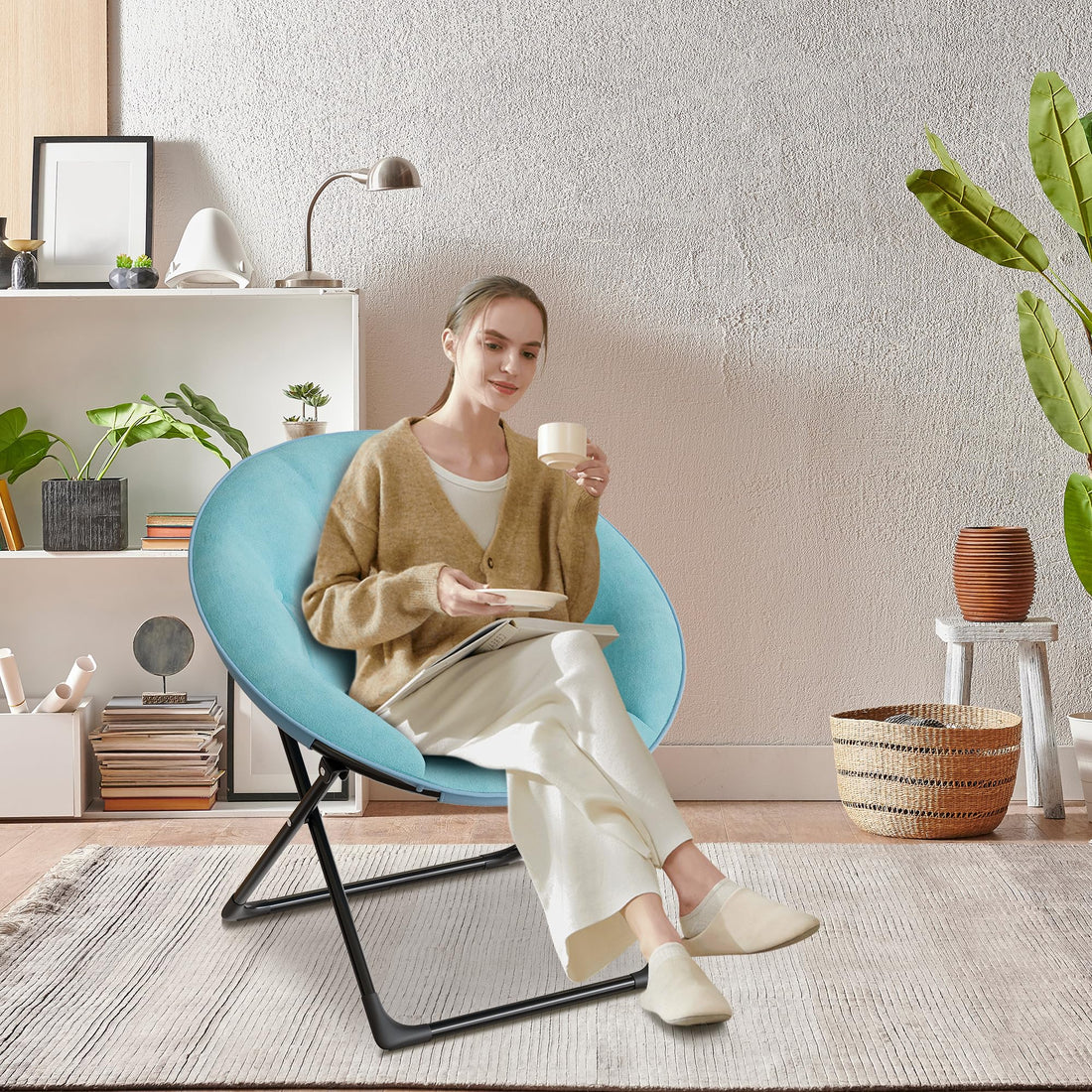 Garvee Fauteuil lounge saucer avec structure dorée, surdimensionné, pliable, pour chambre et salon, confortable et stable, vert