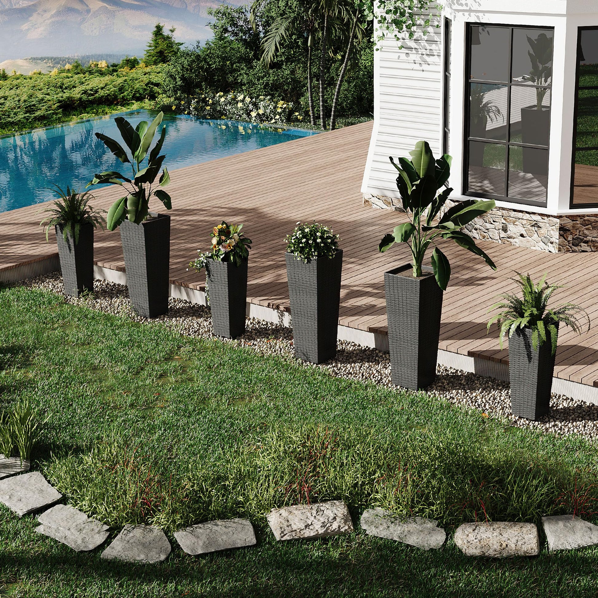 Garvee Lot de 2 jardinières hautes (61 et 81 cm) avec trous de drainage, pour jardin et terrasse, légères, résistantes aux intempéries, design moderne en rotin, noires