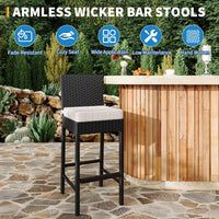 Ensemble de 2 tabourets de bar d'extérieur Garvee en résine tressée - Ergonomiques et résistants aux intempéries - Structure en rotin PE et acier - Hauteur d'assise : 71 cm - Pour jardin et terrasse - Noir