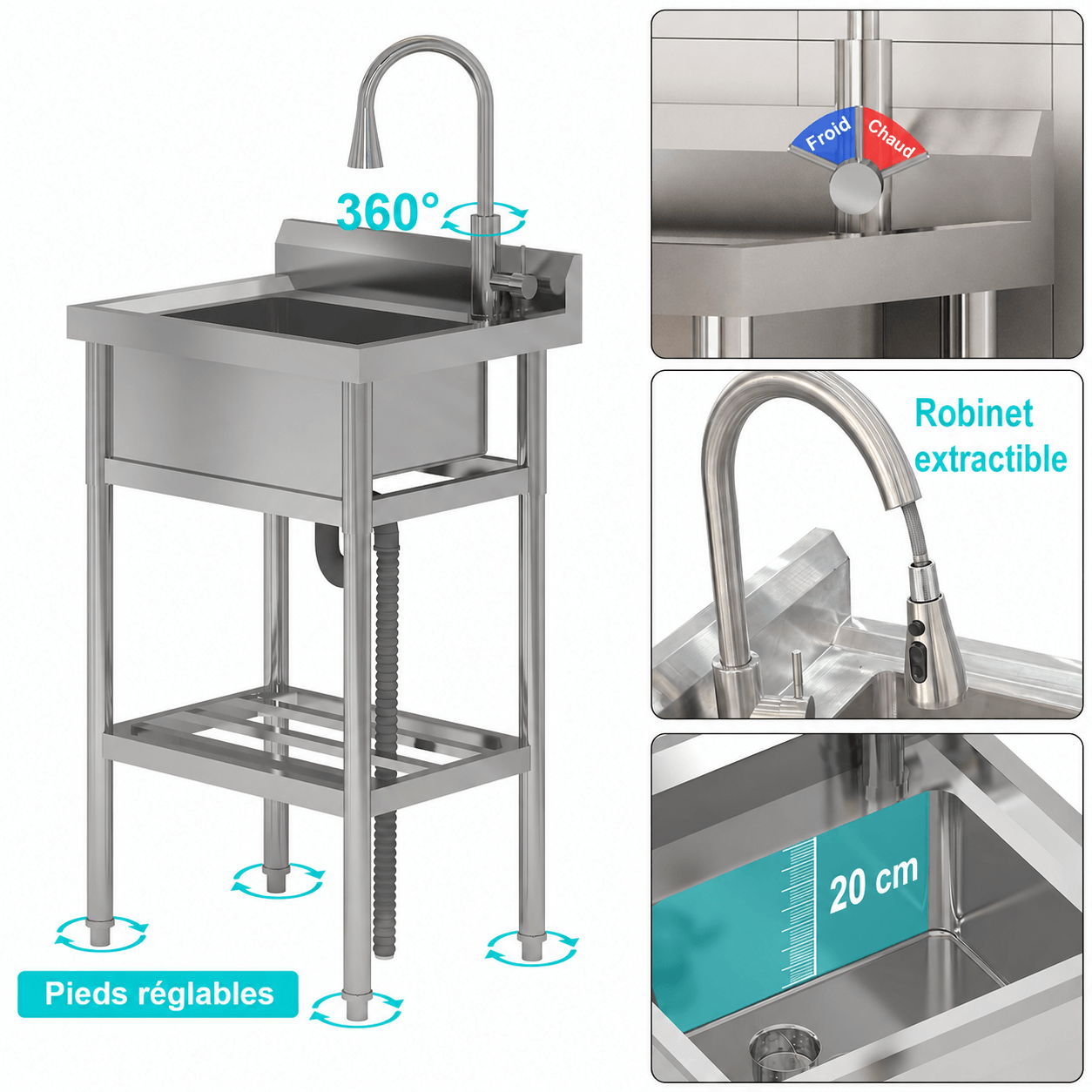 Garvee Évier utilitaire en inox 201/304, 1 bac 61 × 51 × 107 cm, robinet extractible eau chaude et froide, pour cuisine et jardin