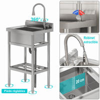 Garvee Évier utilitaire en inox 201/304, 1 bac 61 × 51 × 107 cm, robinet extractible eau chaude et froide, pour cuisine et jardin