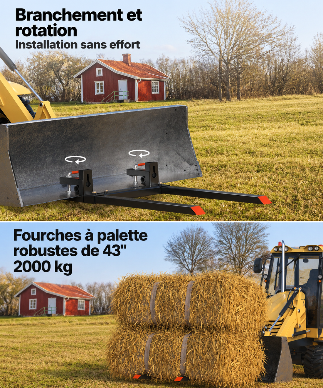 Garvee Fourches à palettes 109 cm pour godet de tracteur, capacité 907 kg, barre stabilisatrice réglable, acier robuste pour usage agricole