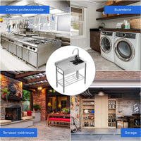 Garvee Évier Utilitaire Inox 76 x 41 x 102cm avec Égouttoir Droit, Robinet Eau Chaude/Froide, pour Buanderie, Argent