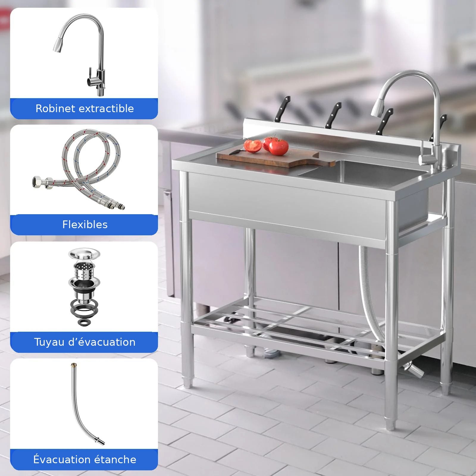 Garvee Évier Utilitaire Inox 76 x 41 x 102cm avec Égouttoir Droit, Robinet Eau Chaude/Froide, pour Buanderie, Argent