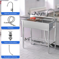 Garvee Évier Utilitaire Inox 76 x 41 x 102cm avec Égouttoir Droit, Robinet Eau Chaude/Froide, pour Buanderie, Argent