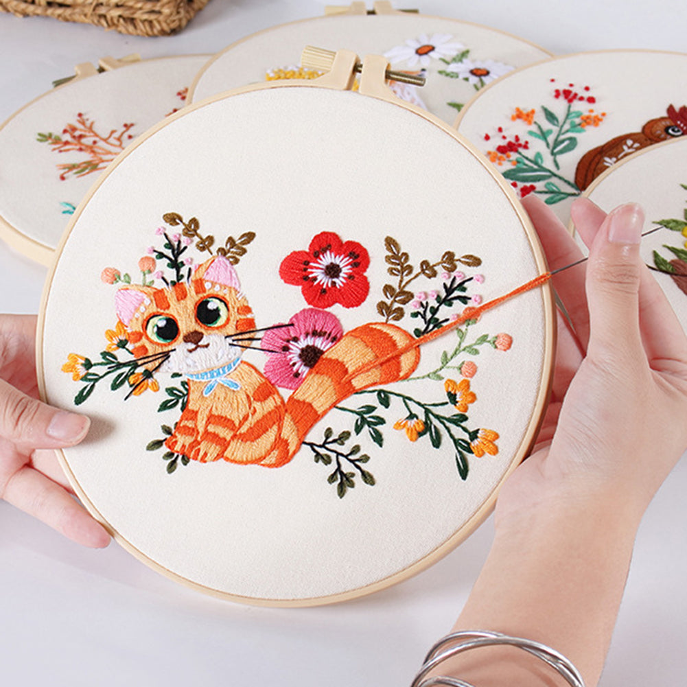 Kits de broderie animalière Garvee pour débutants, avec cadre et aiguilles, pour loisirs créatifs, ensemble complet en coton, broderie chat