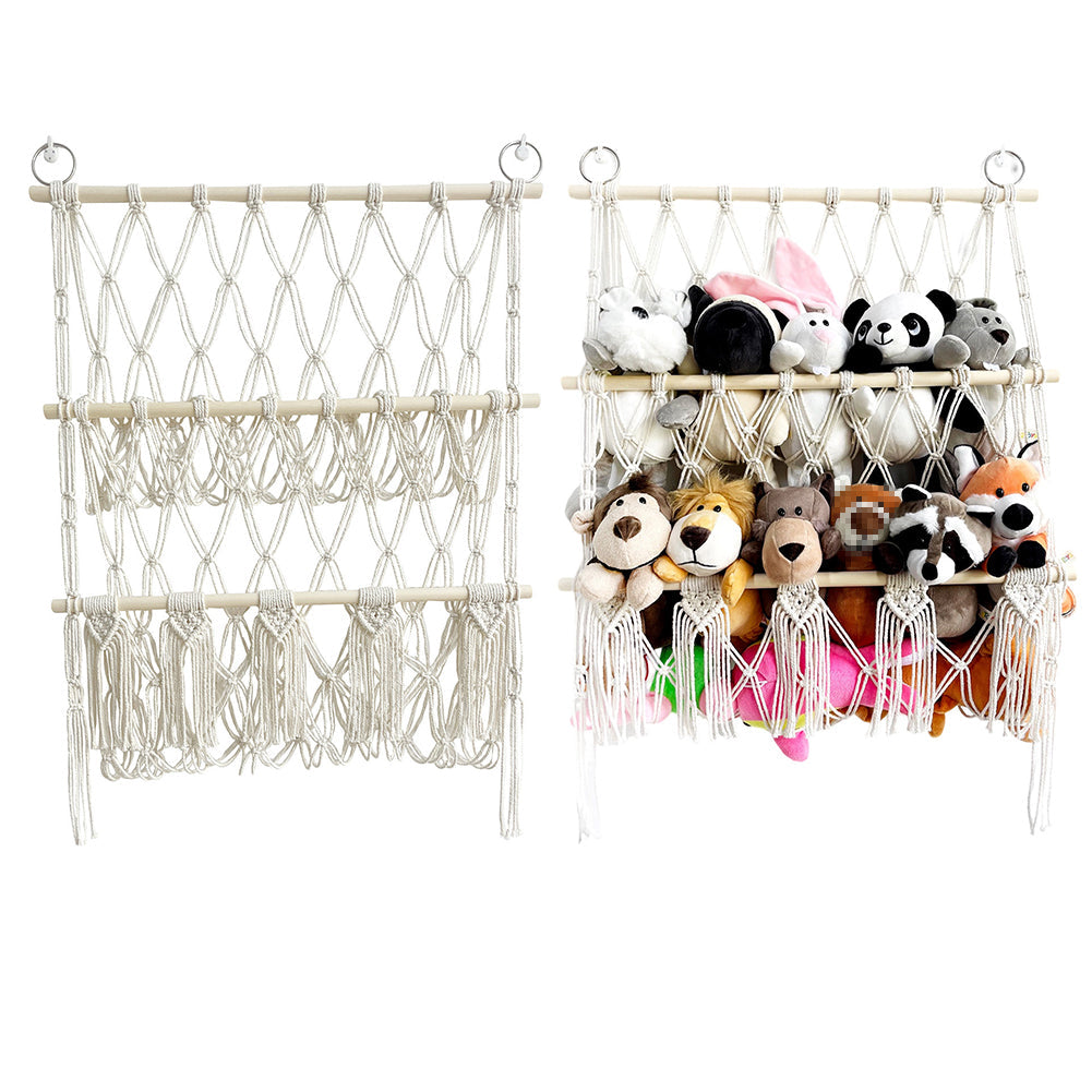 Hamac de rangement pour peluches GARVEE, 2 couches avec bois, style bohème pour chambre d'enfant, fixation murale, gain de place, avec pompons
