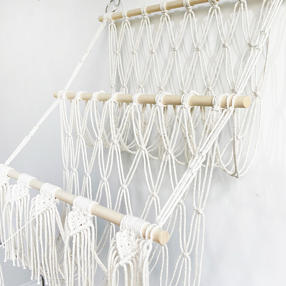Hamac de rangement pour peluches GARVEE, 2 couches avec bois, style bohème pour chambre d'enfant, fixation murale, gain de place, avec pompons