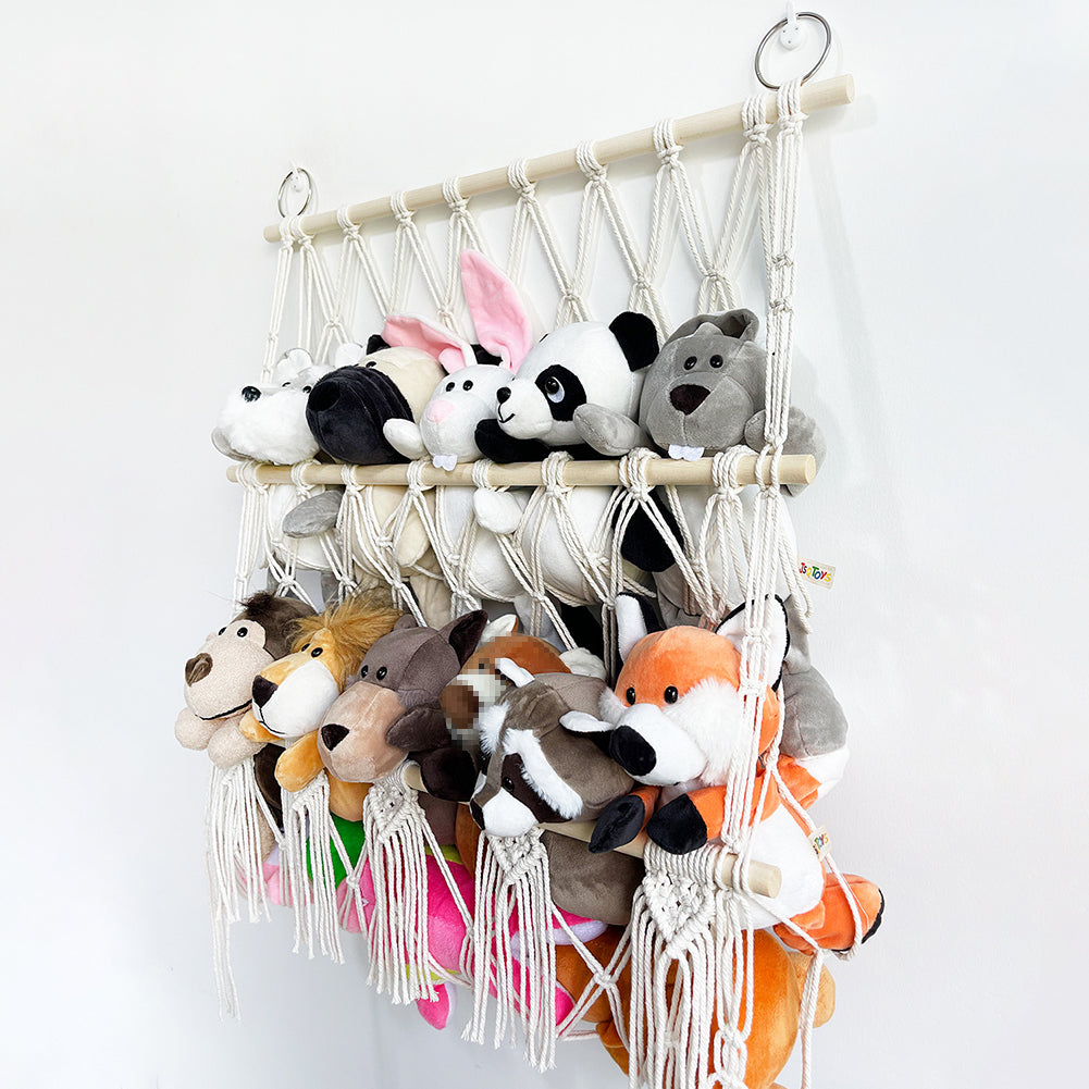 Hamac de rangement pour peluches GARVEE, 2 couches avec bois, style bohème pour chambre d'enfant, fixation murale, gain de place, avec pompons