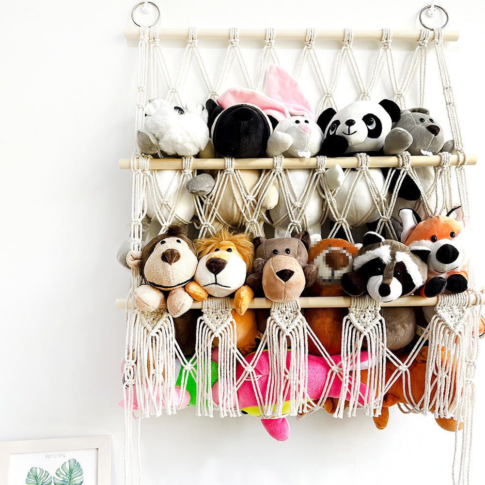 Hamac de rangement pour peluches GARVEE, 2 couches avec bois, style bohème pour chambre d'enfant, fixation murale, gain de place, avec pompons