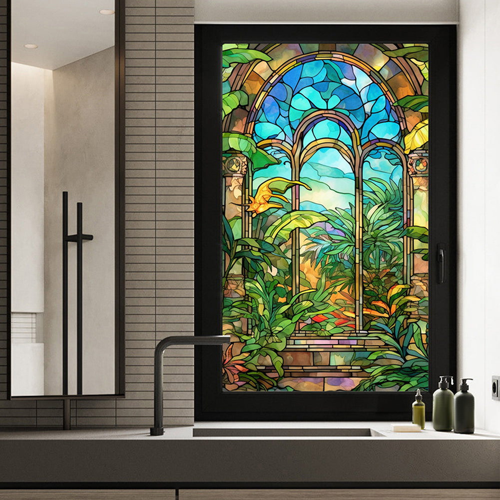 Film pour vitres Garvee, opaque, autocollant, 60 x 100 cm, motif arc-en-ciel 3D coloré avec plantes et fleurs.