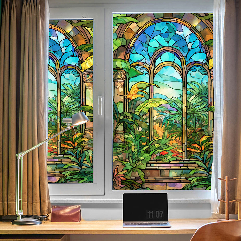 Film pour vitres Garvee, opaque, autocollant, 60 x 100 cm, motif arc-en-ciel 3D coloré avec plantes et fleurs.