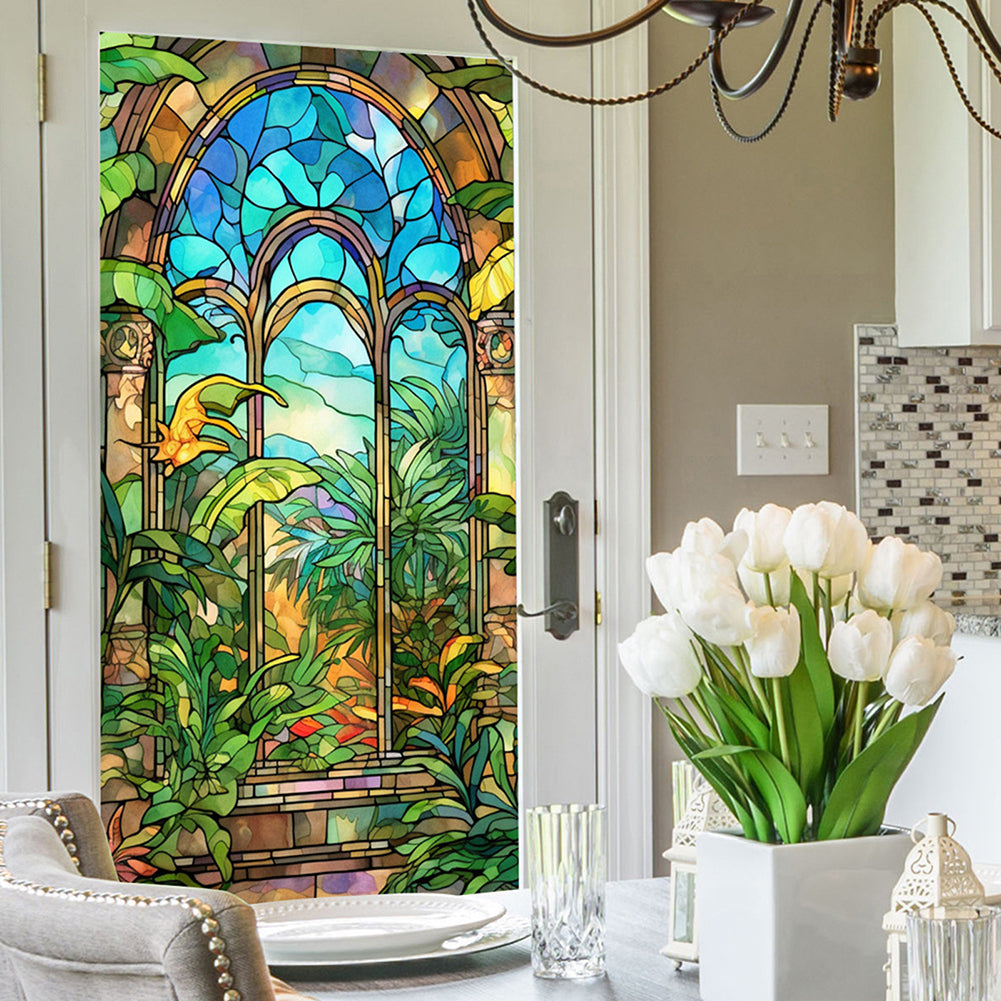 Film pour vitres Garvee, opaque, autocollant, 60 x 100 cm, motif arc-en-ciel 3D coloré avec plantes et fleurs.