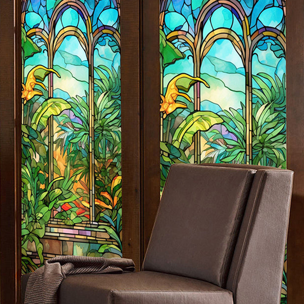 Film pour vitres Garvee, opaque, autocollant, 60 x 100 cm, motif arc-en-ciel 3D coloré avec plantes et fleurs.