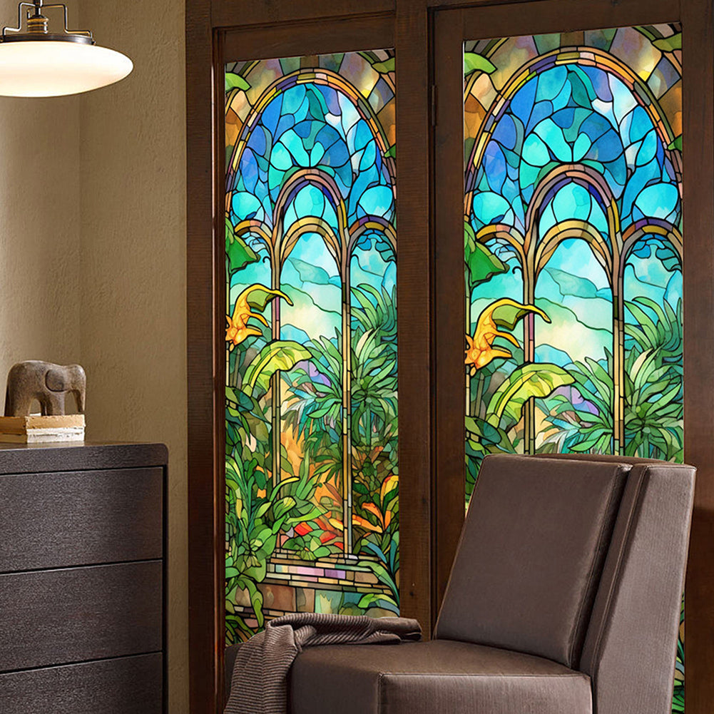 Film pour vitres Garvee, opaque, autocollant, 60 x 100 cm, motif arc-en-ciel 3D coloré avec plantes et fleurs.