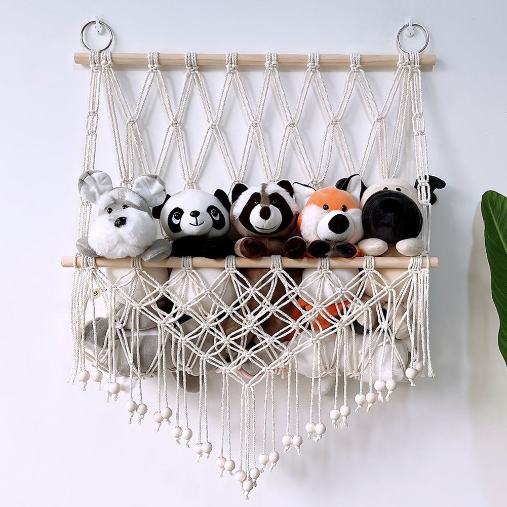 Hamac de rangement Garvee pour peluches, en macramé mural en bois de style bohème, pour chambre d'enfant ou salle de jeux.