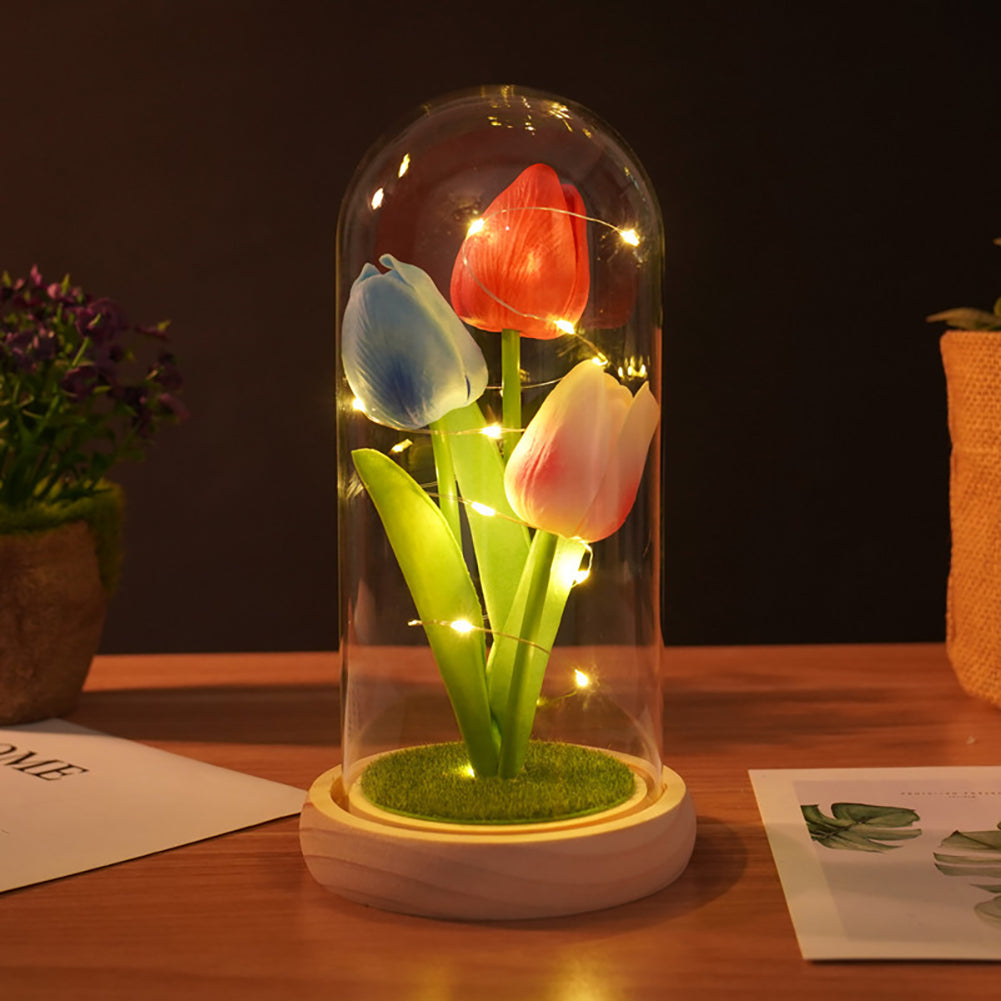 Tulipe GARVEE en verre avec lumières LED, fleur artificielle éternelle, décoration élégante, veilleuse, cadeau pour femmes et mères