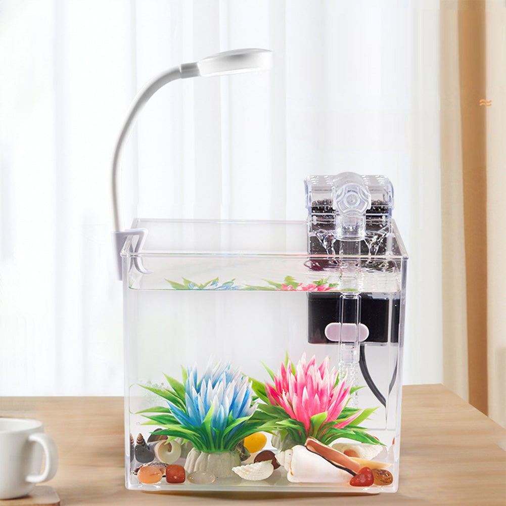 Petit aquarium Garvee avec éclairage, filtre mural, base antidérapante pour salon, vue à 360°, grand écran, matériau PS, kit de démarrage, transparent