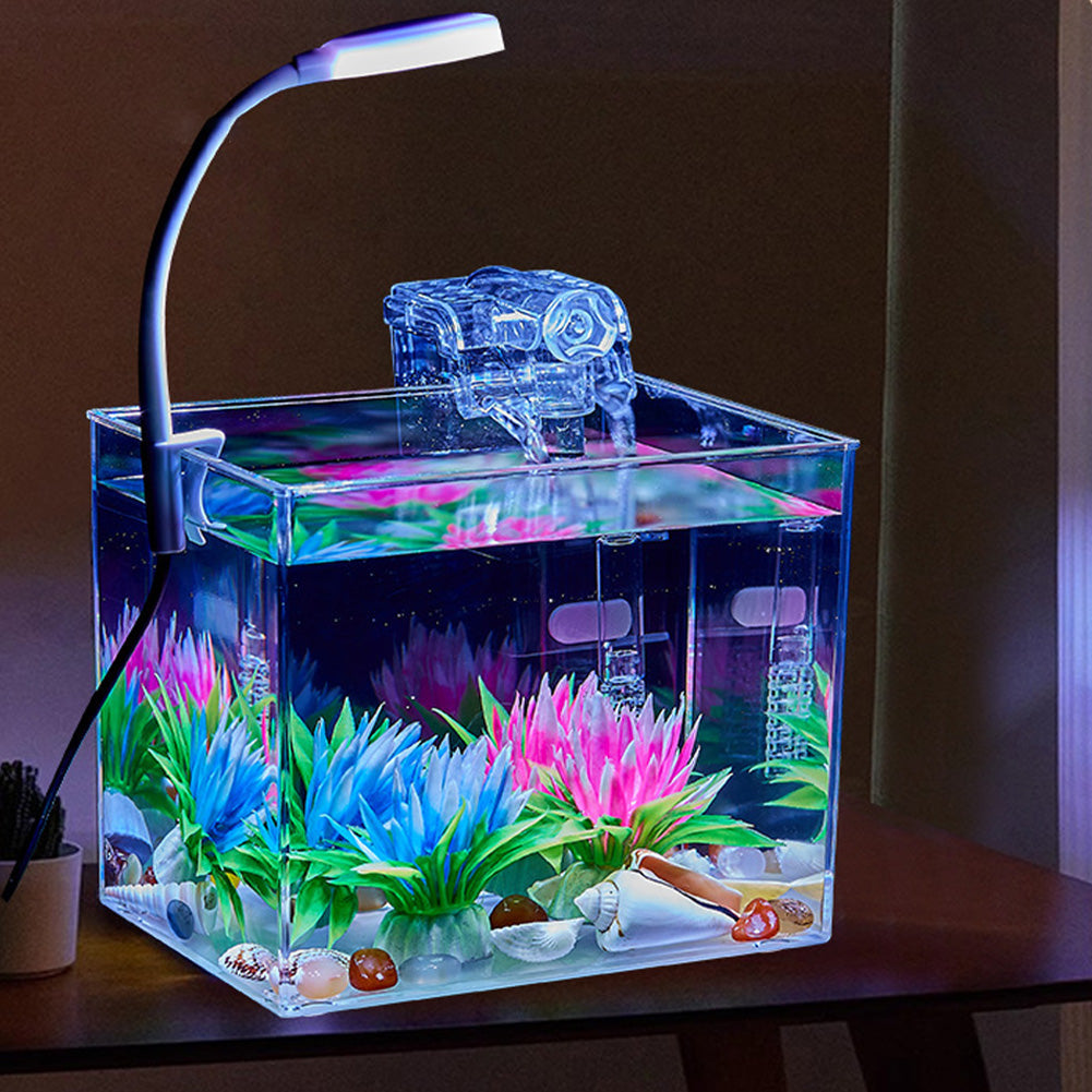 Petit aquarium Garvee avec éclairage, filtre mural, base antidérapante pour salon, vue à 360°, grand écran, matériau PS, kit de démarrage, transparent