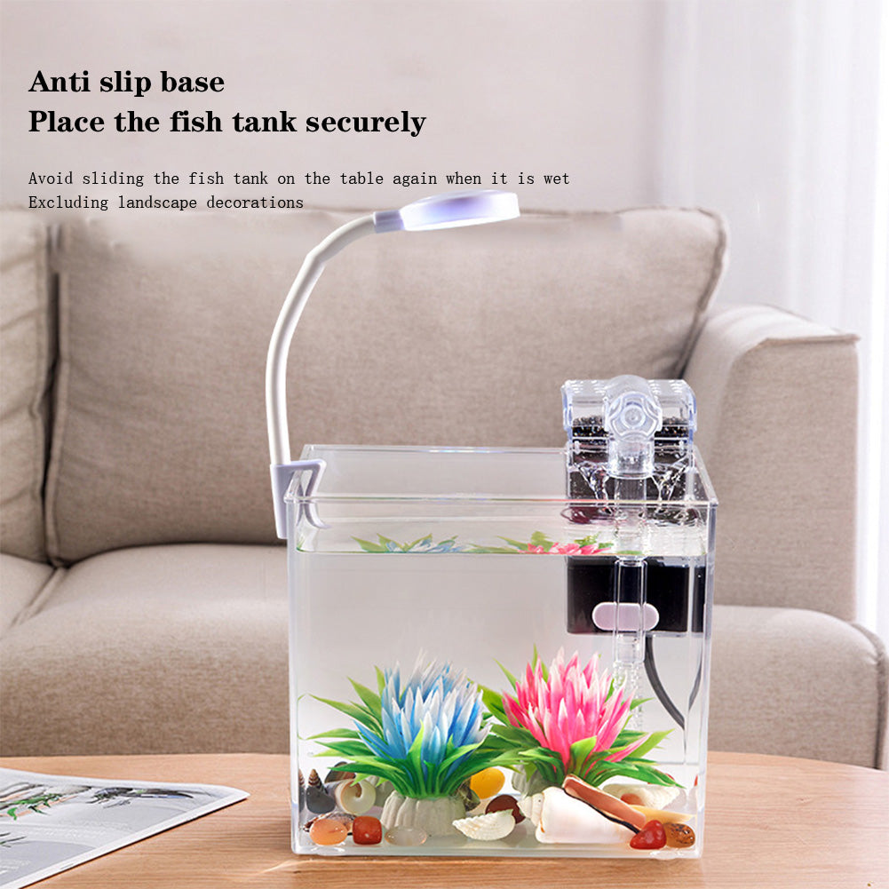 Petit aquarium Garvee avec éclairage, filtre mural, base antidérapante pour salon, vue à 360°, grand écran, matériau PS, kit de démarrage, transparent