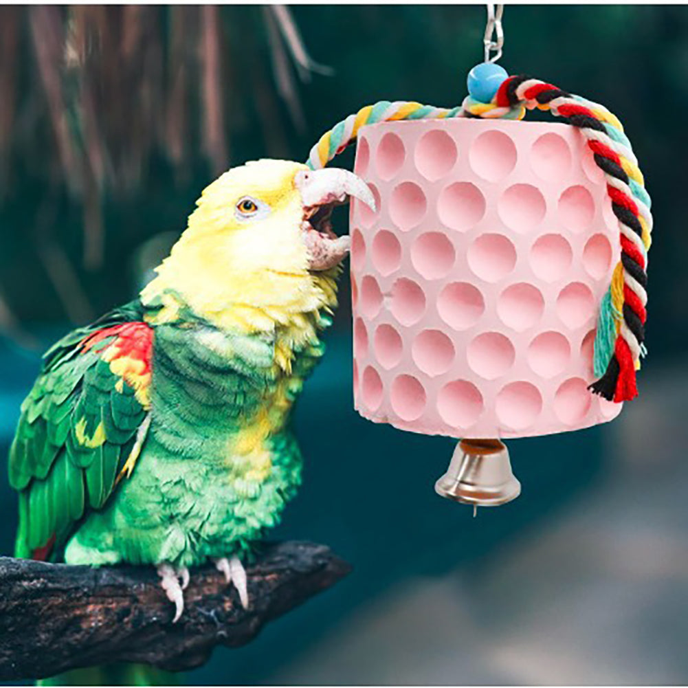 Pierre à mâcher extra large Garvee pour oiseaux, avec crochet en métal et clochette, accessoire de cage pour perroquets, chinchillas et calopsittes.