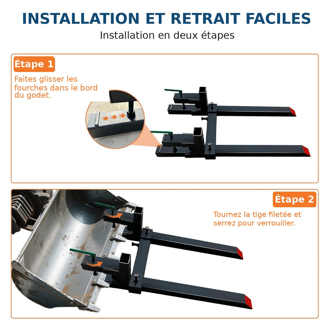 Garvee Fourches à Palettes 109 cm, Capacité 907 kg, Acier Robuste avec Barre de Stabilisation Réglable, Attache Rapide pour Tracteur et Skid-Steer