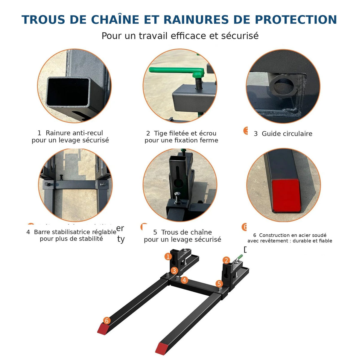Garvee Fourches à Palettes 109 cm, Capacité 907 kg, Acier Robuste avec Barre de Stabilisation Réglable, Attache Rapide pour Tracteur et Skid-Steer