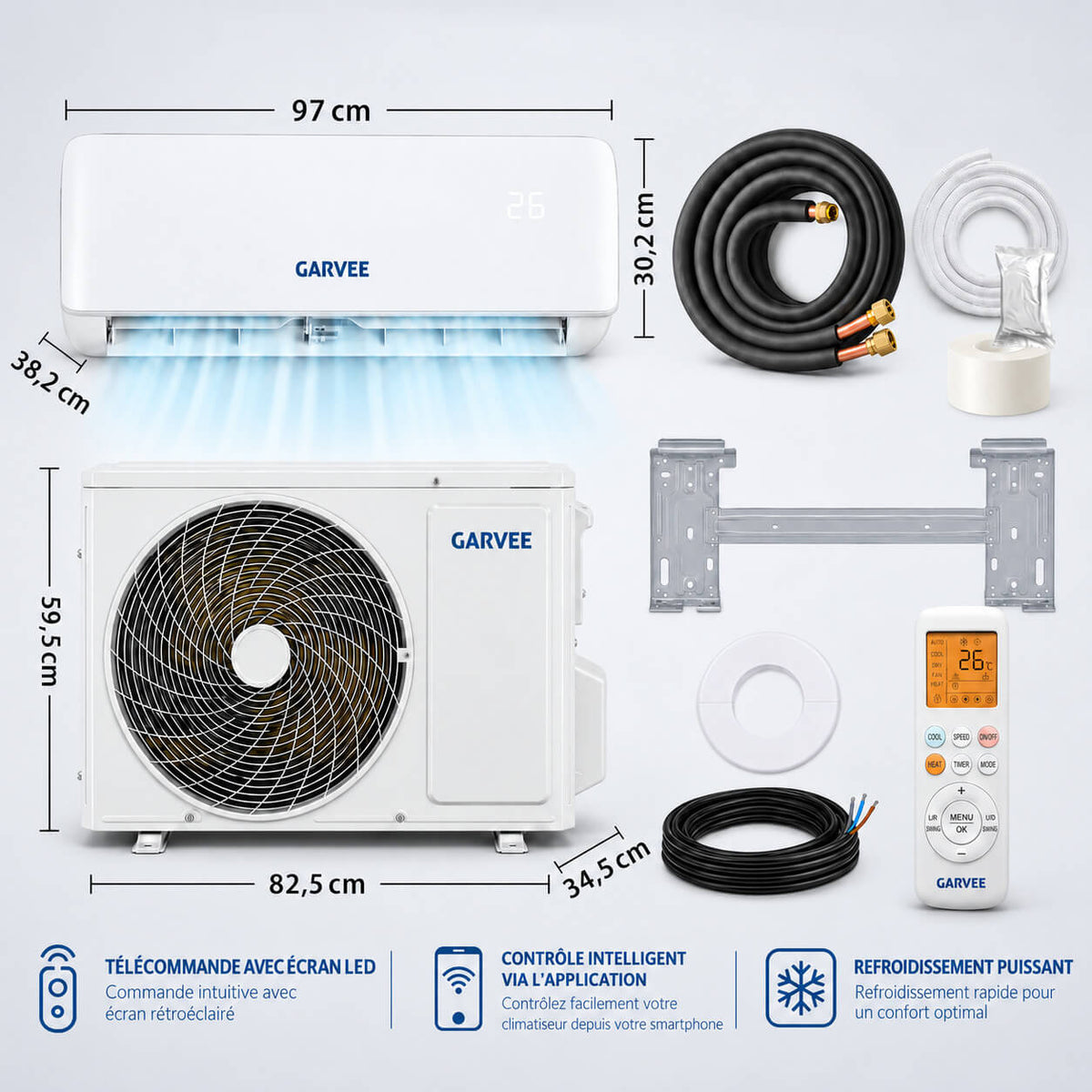Garvee Climatiseur Split Inverter 18000 BTU, Haute Efficacité et Silencieux, Commande Wi-Fi Intelligente, Blanc