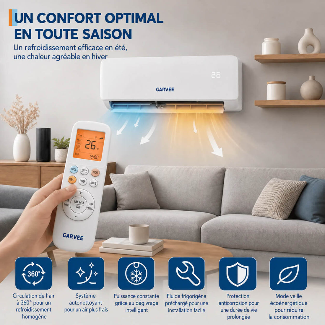Garvee Climatiseur Split Inverter 18000 BTU, Haute Efficacité et Silencieux, Commande Wi-Fi Intelligente, Blanc