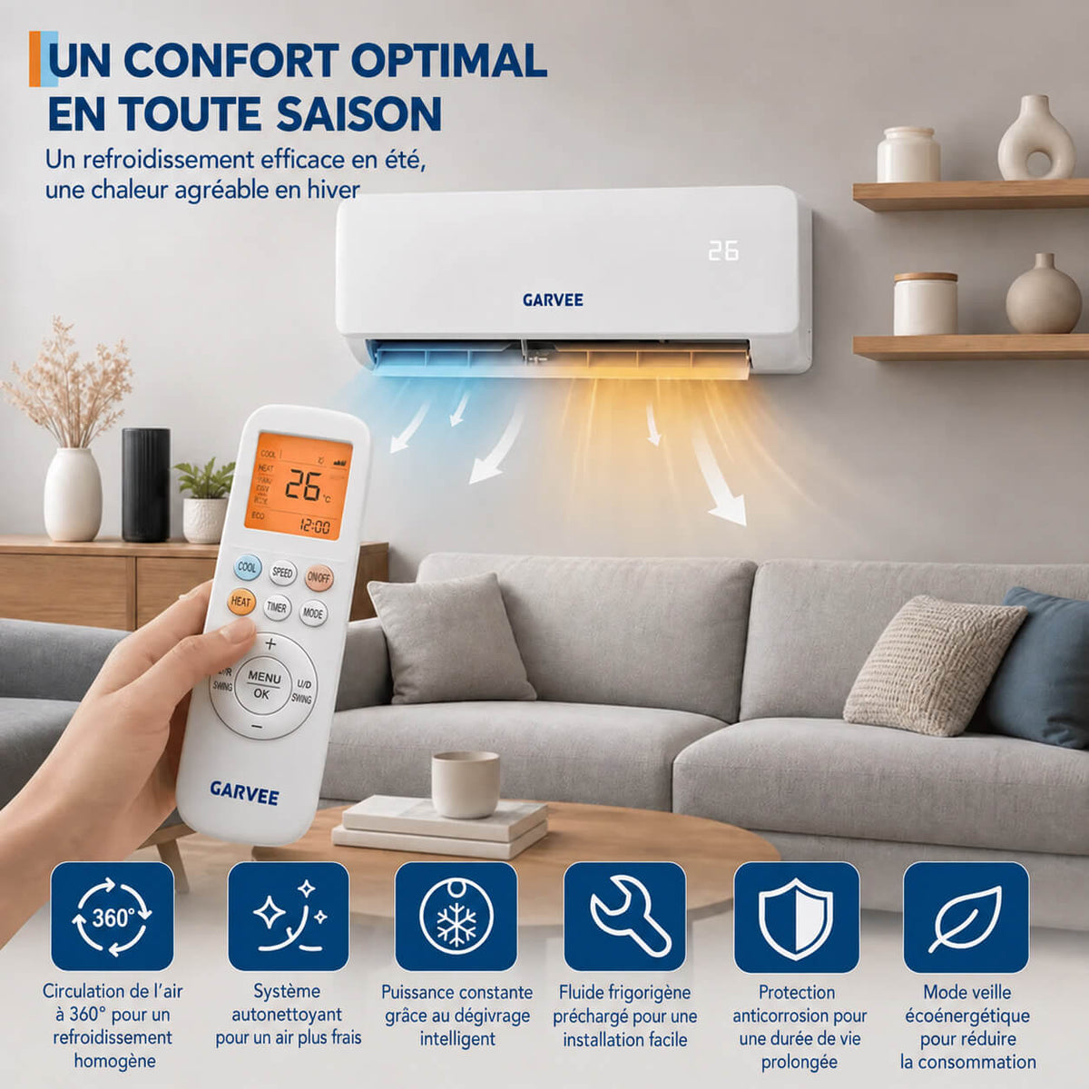 Garvee Climatiseur Split Inverter 18000 BTU, Haute Efficacité et Silencieux, Commande Wi-Fi Intelligente, Blanc