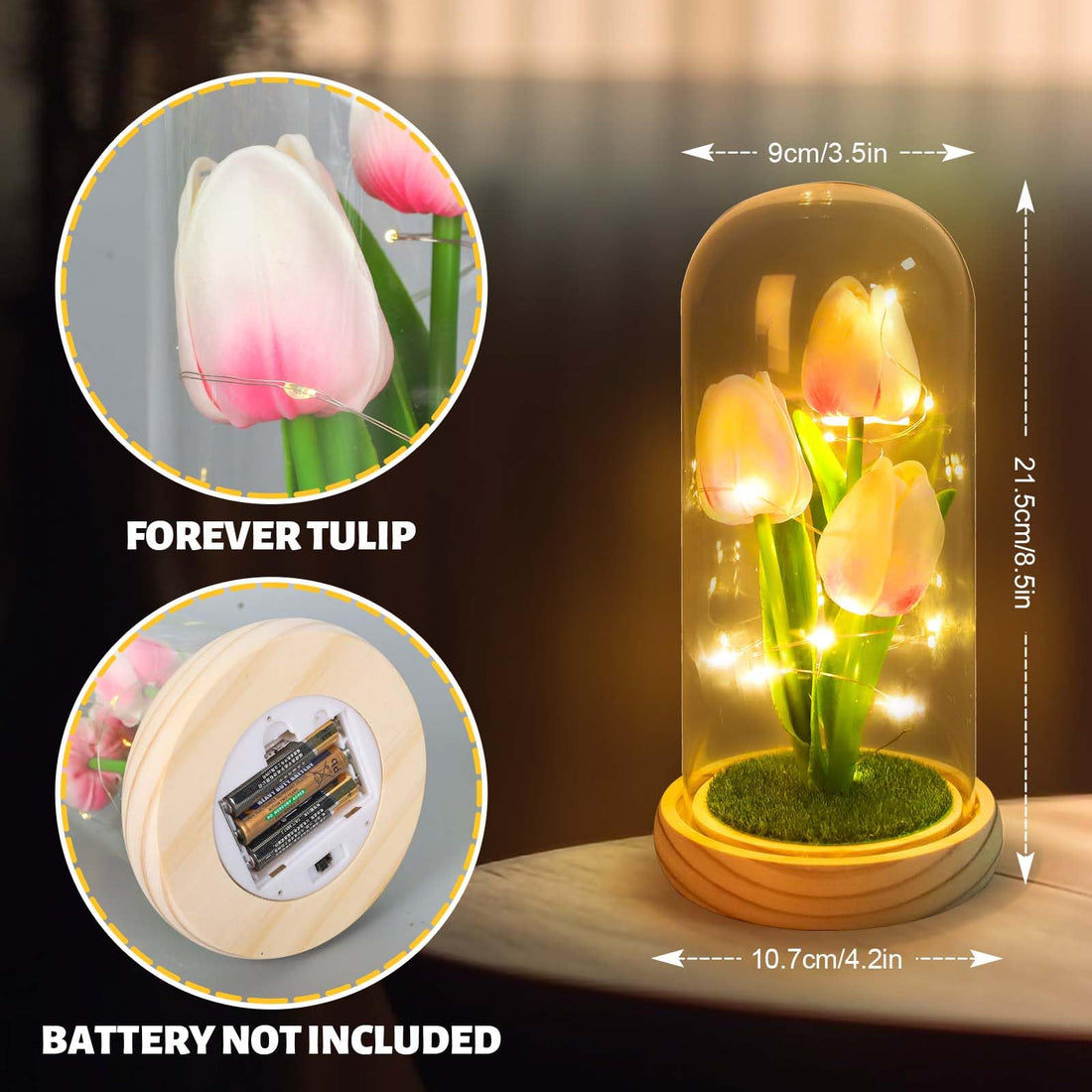 Garvee Veilleuse tulipe avec couvercle en verre, rose, pour chambre et table de chevet, lampe tulipe LED