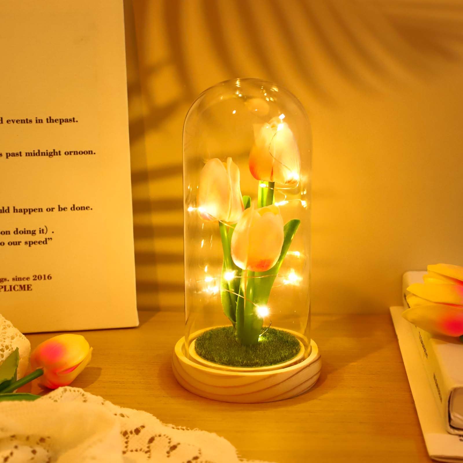 Veilleuse tulipe GARVEE avec couvercle en verre, rose, pour chambre et table de chevet, lampe tulipe LED