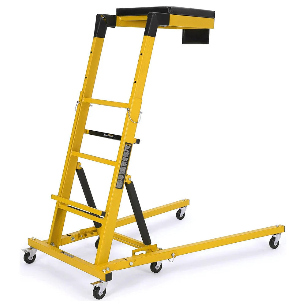 Garvee Plateforme de mécanicien surélevée pliable, hauteur réglable 122–168 cm, charge 181 kg, appui rembourré, 6 roulettes pivotantes, jaune