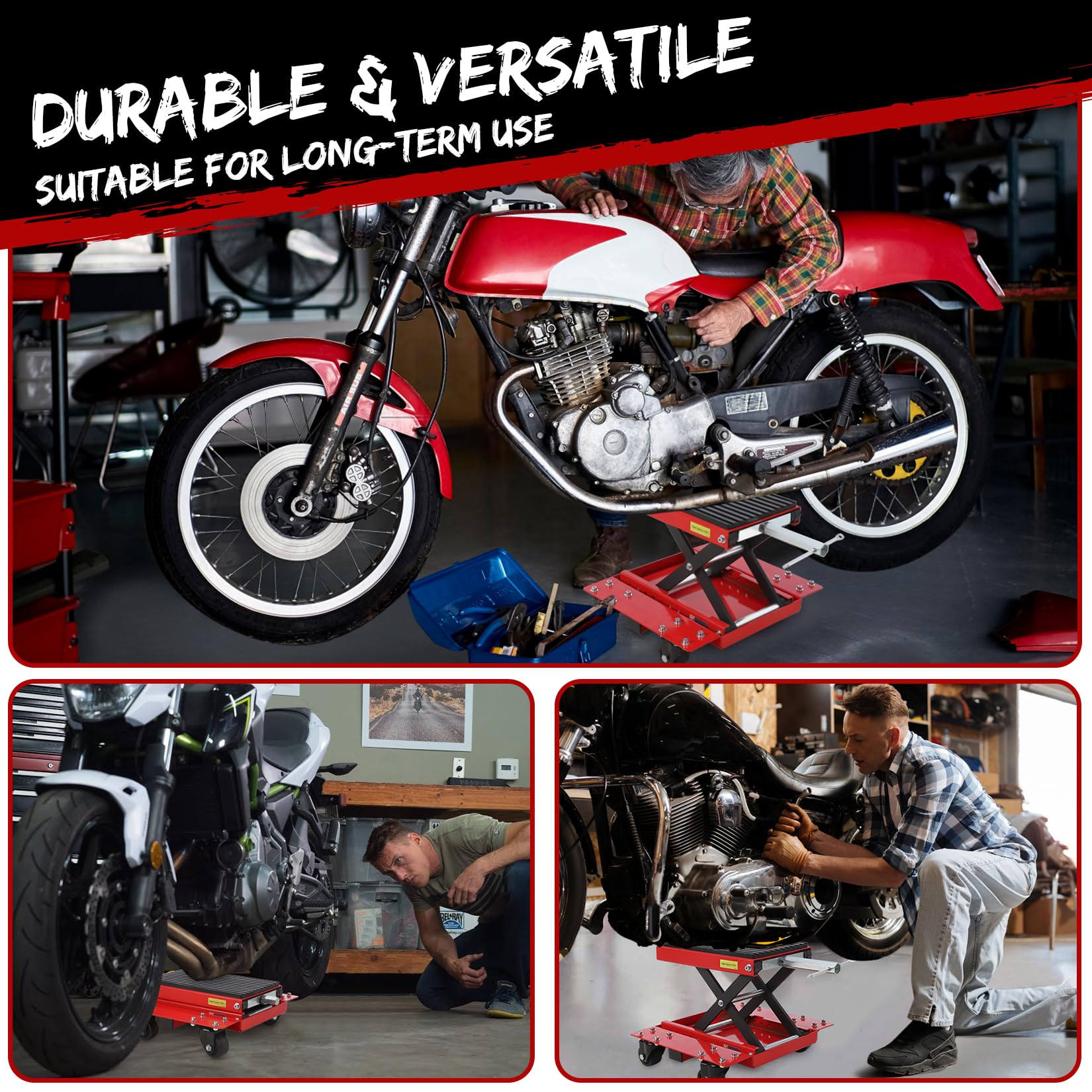 Garvee Cric élévateur professionnel pour moto, support de maintenance jusqu’à 544 kg, plateforme antidérapante, hauteur réglable, idéal atelier et garage