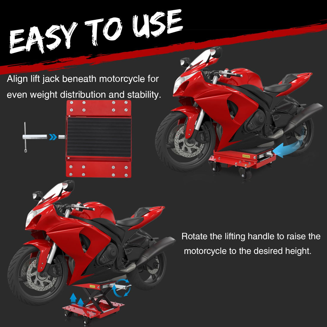 Garvee Cric élévateur professionnel pour moto, support de maintenance jusqu’à 544 kg, plateforme antidérapante, hauteur réglable, idéal atelier et garage