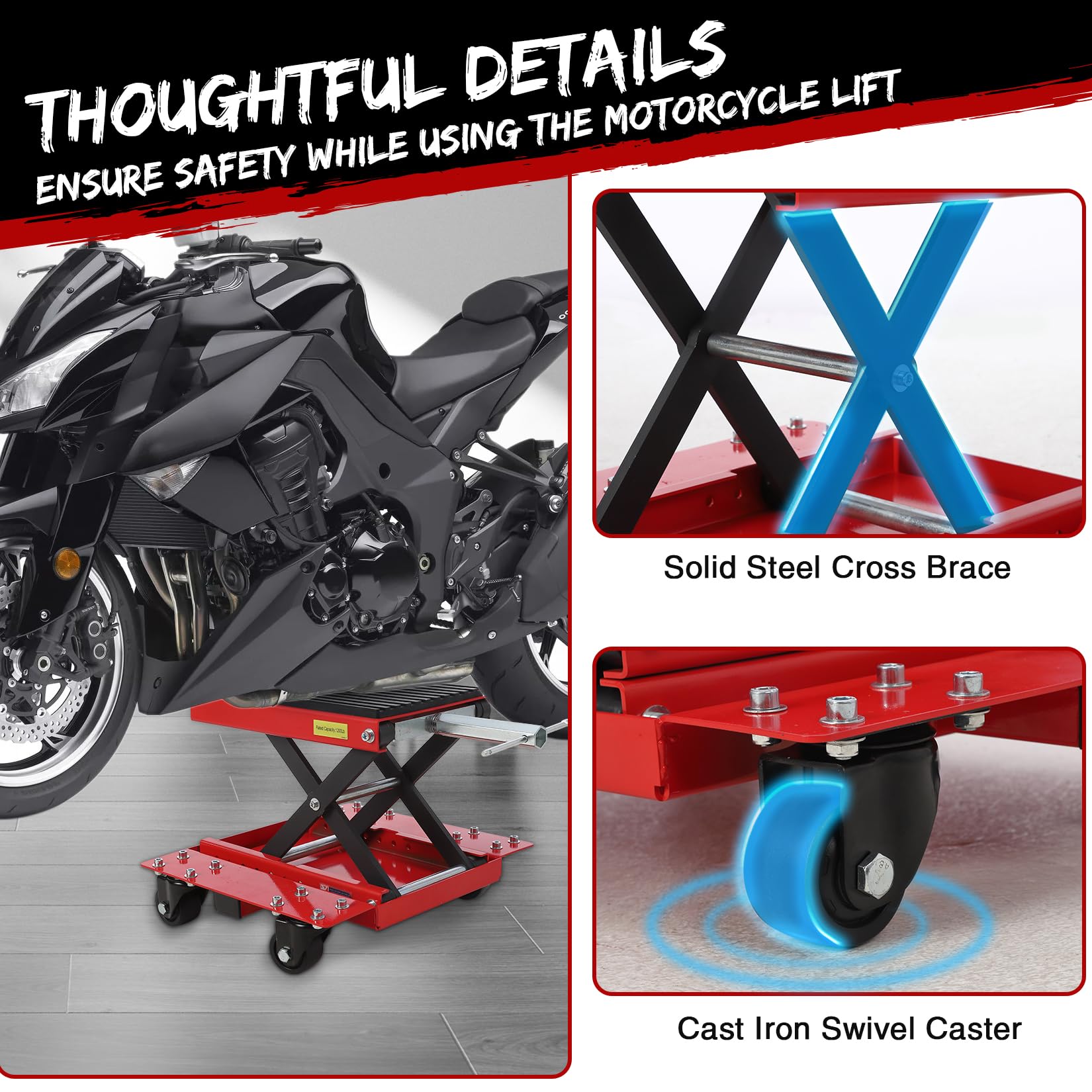 Garvee Cric élévateur professionnel pour moto, support de maintenance jusqu’à 544 kg, plateforme antidérapante, hauteur réglable, idéal atelier et garage