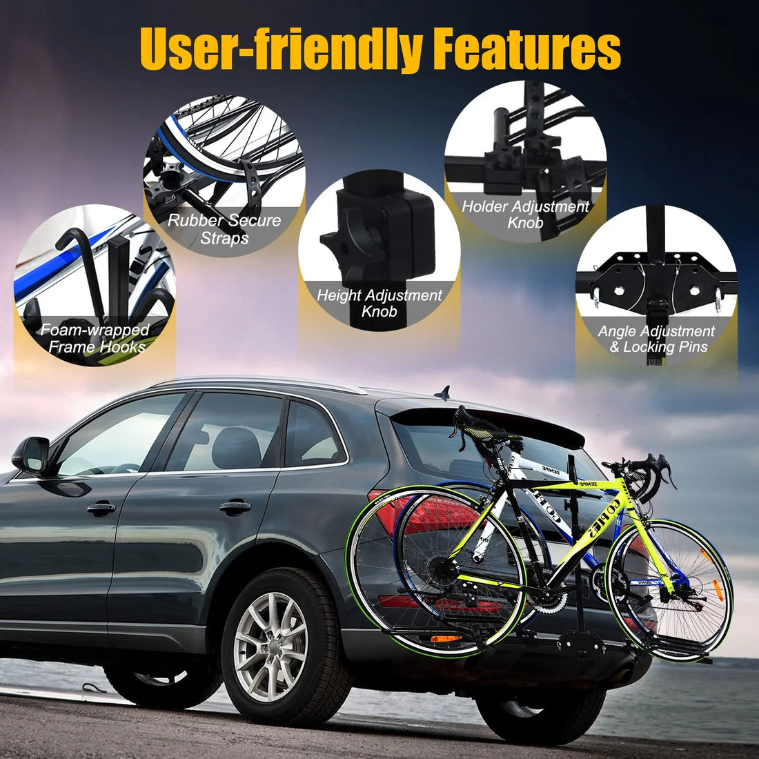 Garvee Porte-Vélos d’Attelage Pliable pour 2 Vélos, Acier Q235 Robuste, Système Anti-Basculement, 4 Sangles, Serrure et Réflecteurs, pour Camion