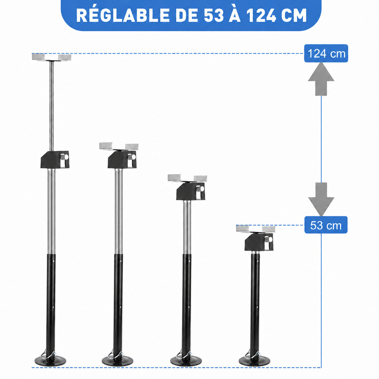 Garvee Lot de 4 Vérins Stabilisateurs Réglables pour Camping-Car et Caravane, 53 à 124 cm, Charge Maximale de 2 268 kg par Vérin, Adaptateur pour Perceuse Inclus