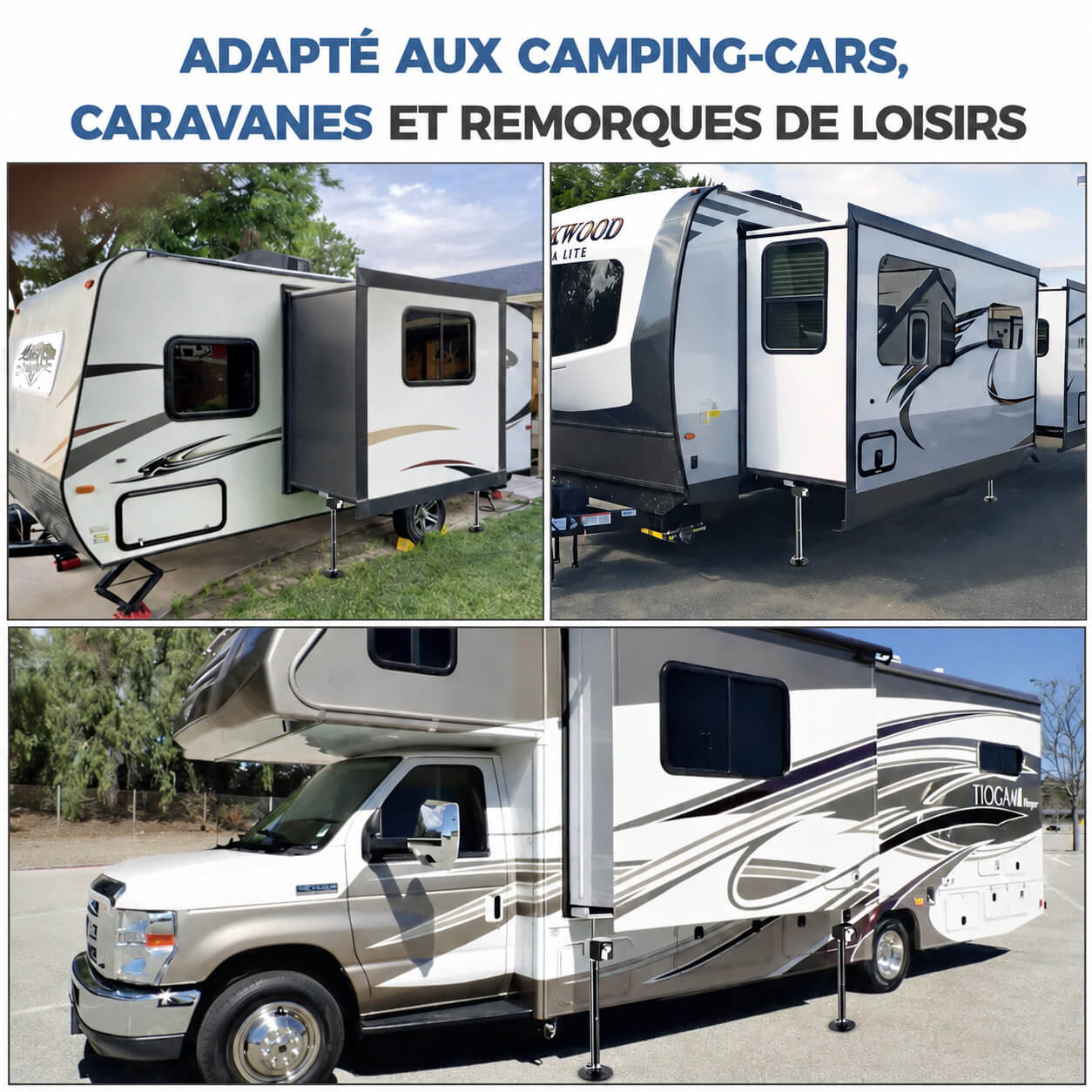 Garvee Lot de 4 Vérins Stabilisateurs Réglables pour Camping-Car et Caravane, 53 à 124 cm, Charge Maximale de 2 268 kg par Vérin, Adaptateur pour Perceuse Inclus