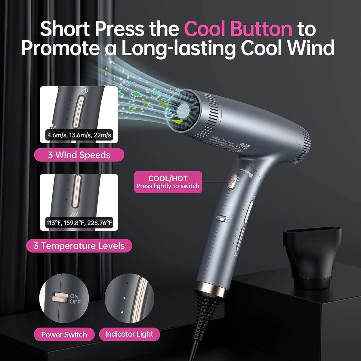 Garvee Sèche-Cheveux Professionnel 1500 W avec Moteur Sans Balais, Double Ionisation, 12 Réglages, Pliable, Ultra-Silencieux et Embout Magnétique, pour Maison, Salon et Voyage