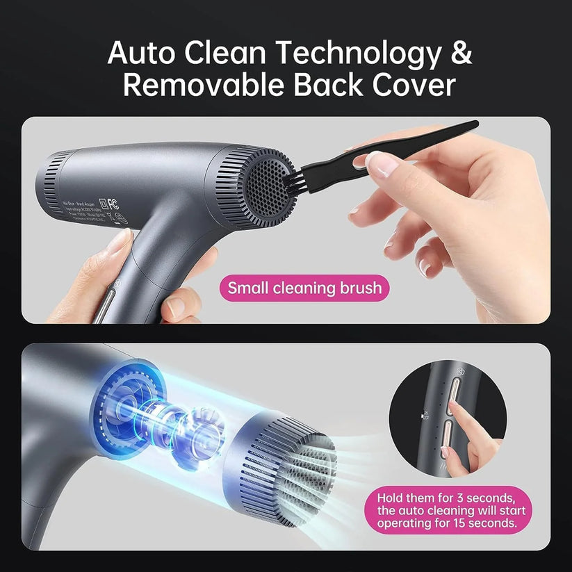 Sèche-cheveux pliable avec embouts magnétiques et accessoires de rangement et de nettoyage