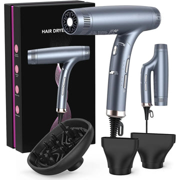 Garvee Sèche-Cheveux Professionnel 1500 W avec Moteur Sans Balais, Double Ionisation, 12 Réglages, Pliable, Ultra-Silencieux et Embout Magnétique, pour Maison, Salon et Voyage